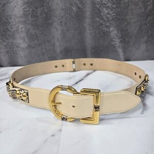 Vtg Avignon Leather Belt M Cream Snakeskin Print Gold Studs Western Cowboy Boho